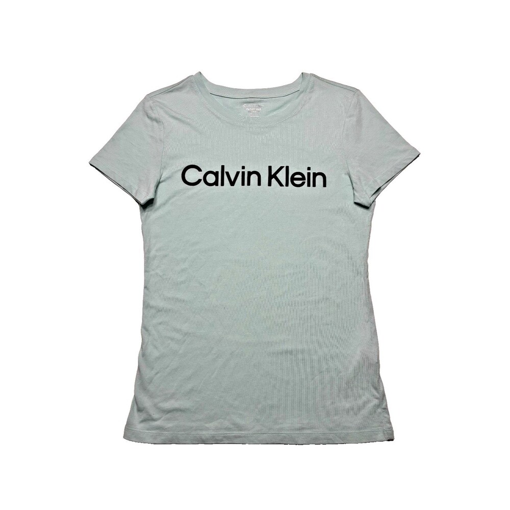 Calvin Klein Women’s T-Shirt XS Turquoise Back Logo Graphic Short Sleeve NWOT